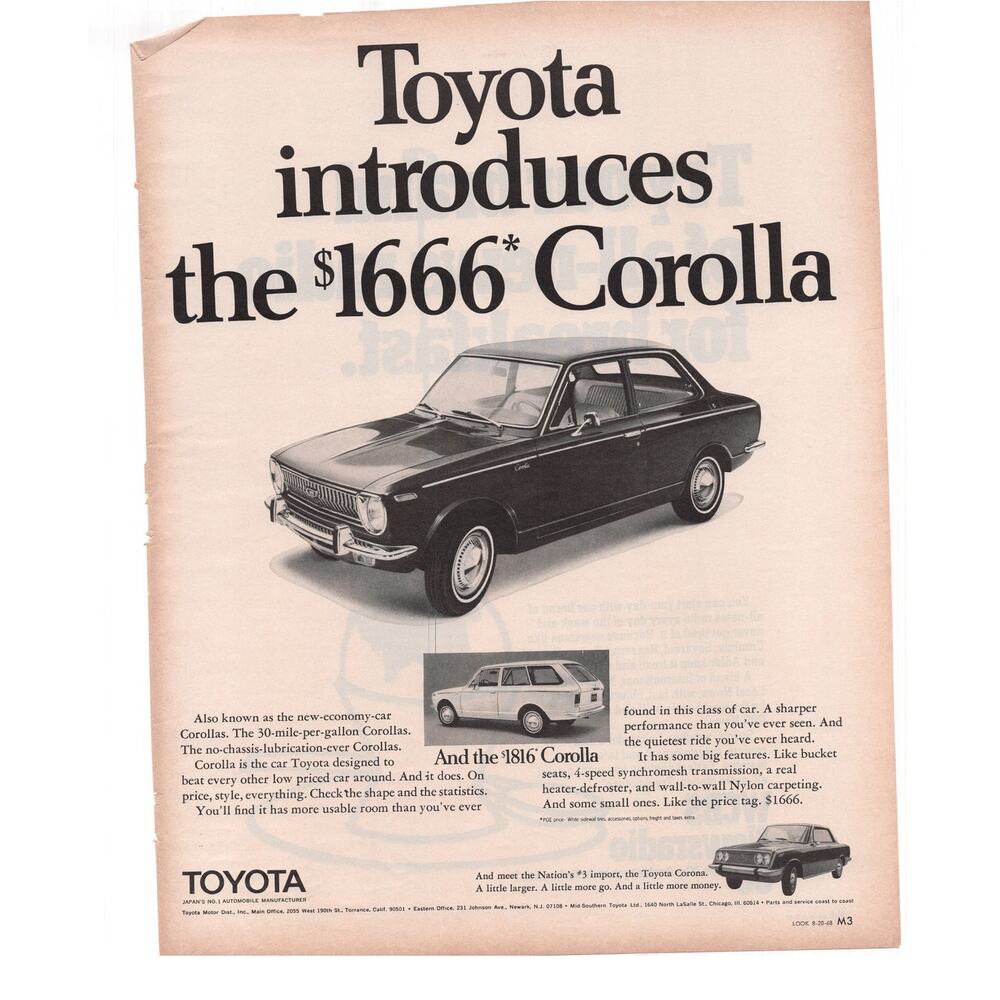 Toyota Corolla Magazine Advertisement 1968 Classic Car Automobilia Vintage